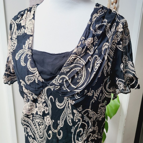 Lola P. Vintage Maxi Dress Paisley Print Cocktail Flowy Black Beige XL Beaded‎ - Picture 3 of 7